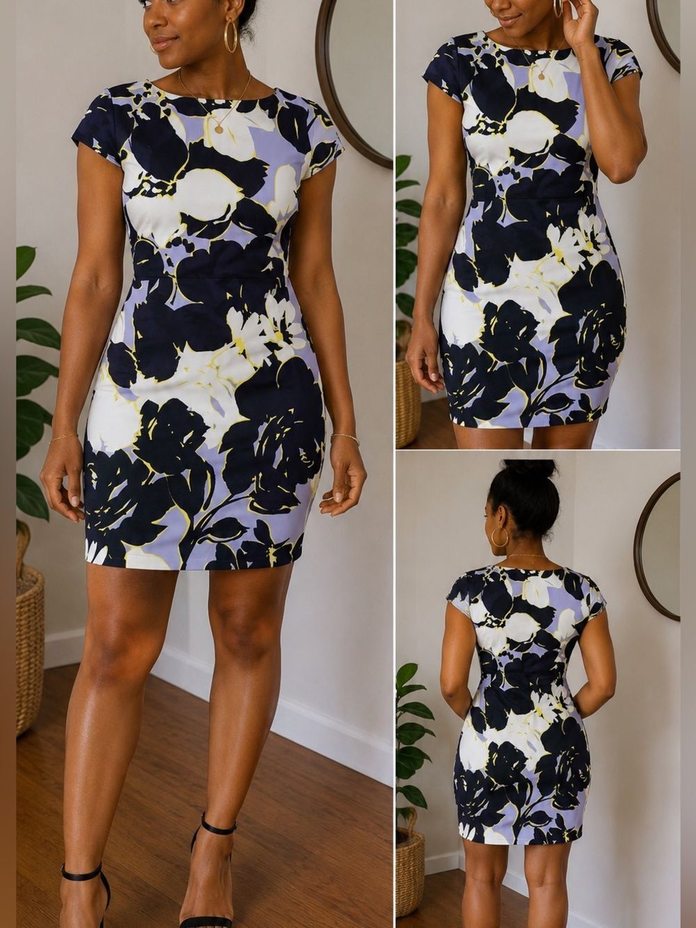 Vince Camuto Navy and Yellow Floral Dress